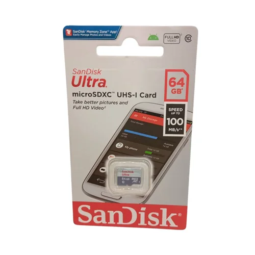 کارت حافظه Microsdxc سن دیسک (Sandisk) مدل Ultra کلاس 10 استاندارد سرعت 100Mbps ظرفیت 64 گیگابایت