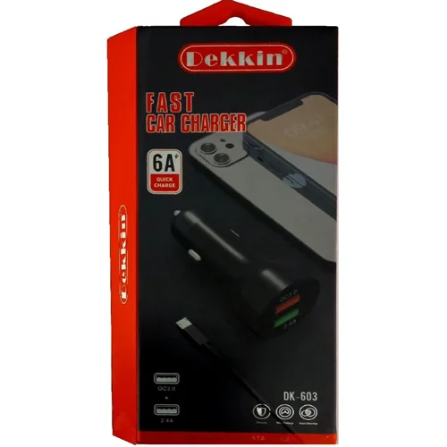 شارژر فندکی دو پورت Dekkin مدل DK-603 همراه با کابل میکرو USB